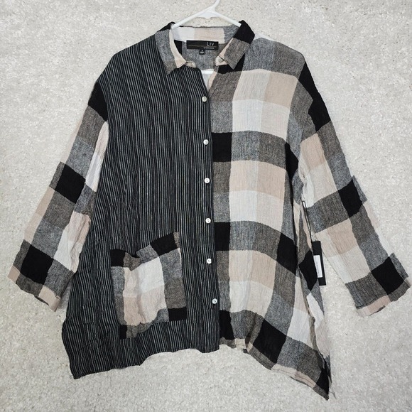Liv by Habitat Yin Yang Linen Button-Up Shirt Womens Small Neutral Block Stripe - Picture 1 of 12